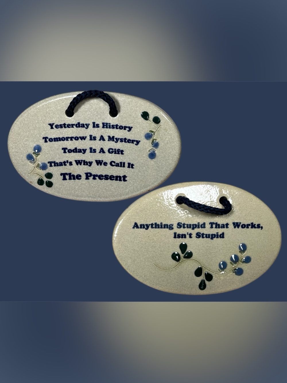 Ceramic Oval Wall Plaques with Blue Text and Leaf Accents stoneware
